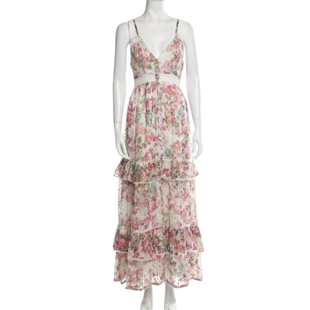 Rococo Sand Vie Pink Cream Tiered Chiffon Ruffled Maxi Dress Large L - Picture 2 of 16